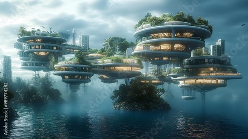 Floating city images showcasing interconnected designs and futuristic architecture blueprints