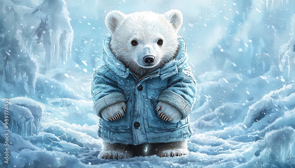 Polar bear cub, bundled in winter clothes, surrounded by icy terrain, watercolor style Polar bear cub, bundled in winter clothes, surrounded by icy terrain, watercolor style