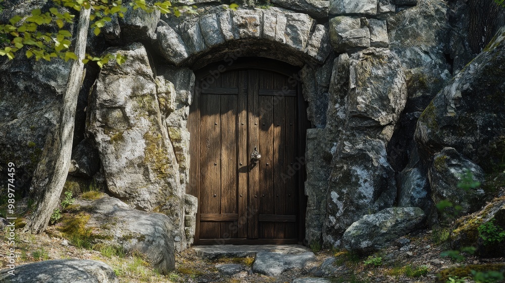 Majestic Wooden Door Swings Open in Ancient Castle Wall Majestic Wooden Door Swings Open in Ancient Castle Wall
