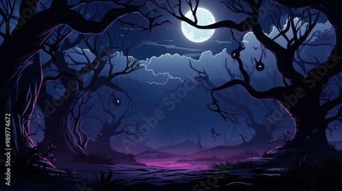 A Dark and Eerie Forest Scene with a Full Moon