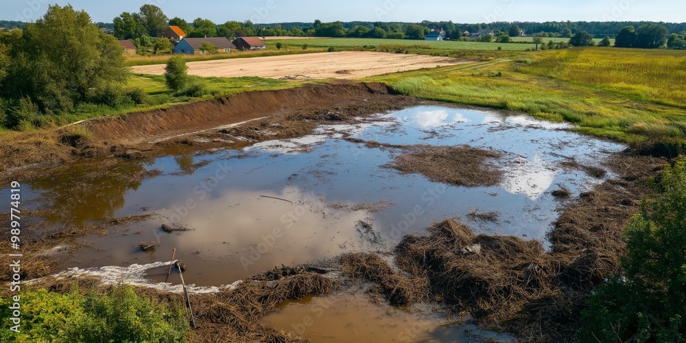 Reservoir breach floods farmland homes spreading polluted water, contaminating land sources. AI generated Reservoir breach floods farmland homes spreading polluted water, contaminating land sources. AI generated