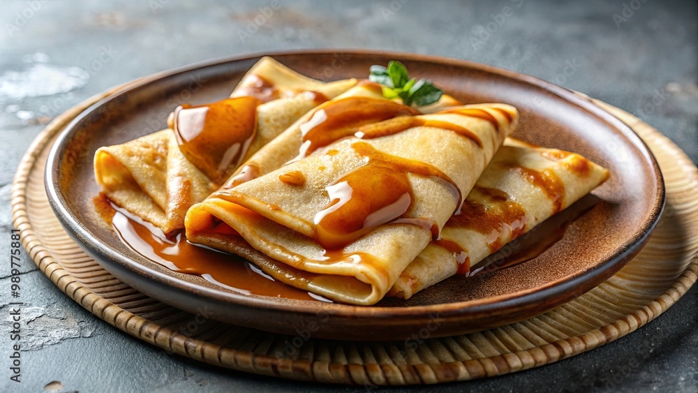 A plate of thin golden pancakes drizzled with rich caramel sauce, served on a rustic wooden coaster, with a sprig of fresh mint for a touch of vibrancy. A plate of thin golden pancakes drizzled with rich caramel sauce, served on a rustic wooden coaster, with a sprig of fresh mint for a touch of vibrancy.