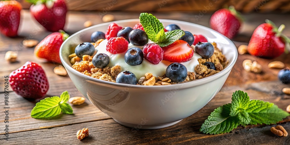 A bowl of granola with yogurt, blueberries, raspberries and sliced strawberries, garnished with fresh mint leaves and scattered on a wooden surface A bowl of granola with yogurt, blueberries, raspberries and sliced strawberries, garnished with fresh mint leaves and scattered on a wooden surface