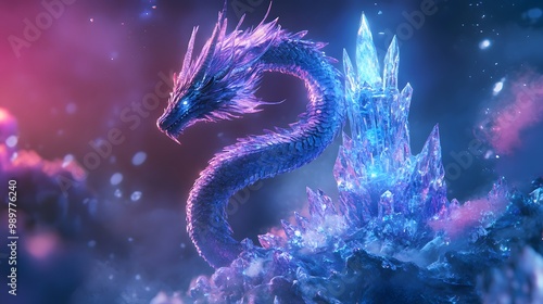 6. A fantasy dragon coiled around a crystal tower photo