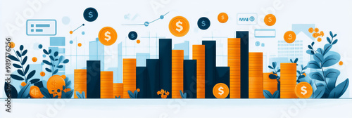 Stacks of gold coins grow in a financial chart.