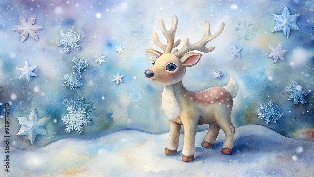 Adorable reindeer in snowy forest with snowflakes Adorable reindeer in snowy forest with snowflakes