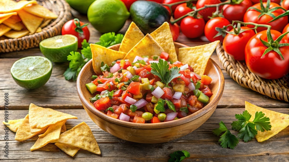 A bowl of fresh salsa with ripe tomatoes, red onions, cilantro, and avocado, served with crispy tortilla chips on a rustic wooden table A bowl of fresh salsa with ripe tomatoes, red onions, cilantro, and avocado, served with crispy tortilla chips on a rustic wooden table