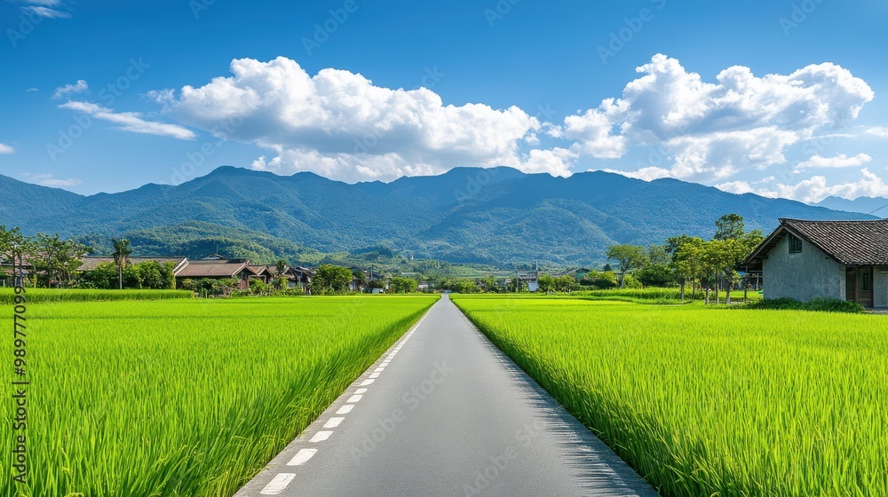 Country Road Through Lush Rice Paddy Fields with Mountain View Country Road Through Lush Rice Paddy Fields with Mountain View