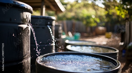 Water flowing into barrels in a garden photo