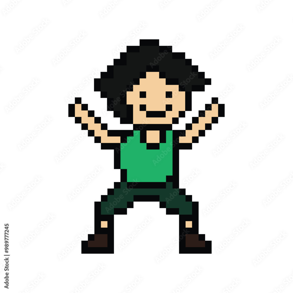 Fototapeta premium Cute pixel cartoon 8bit character man exercises training dance lifestyle music decoration life style 8 bit male boy dance with music game fitness isolated PNG vector.