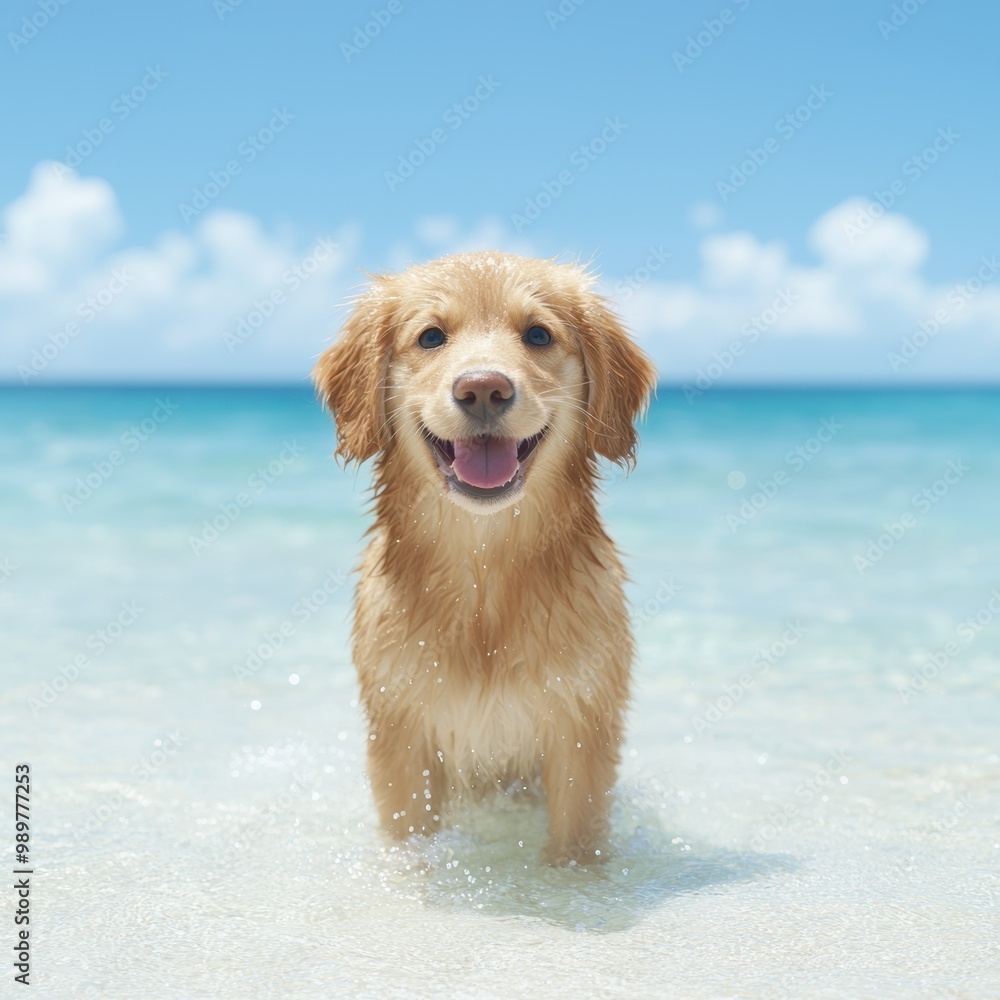 happy golden retriever dog playing in the ocean happy golden retriever dog playing in the ocean