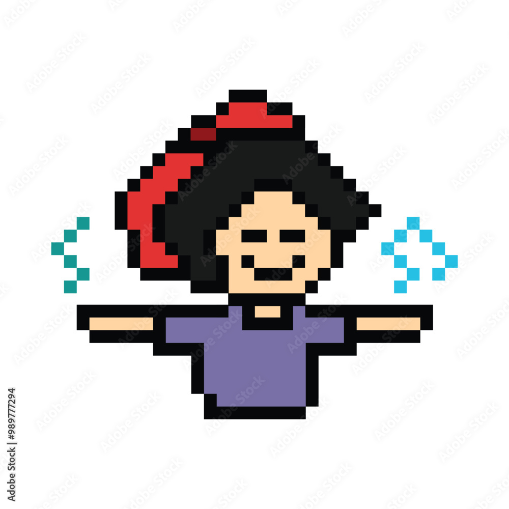 Fototapeta premium Cartoon cute pixel 8bit character woman exercises training dance lifestyle music decoration life style 8 bit female girl dance with music game fitness isolated PNG vector.