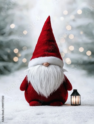 Festive christmas gnome with lantern in snowy scene