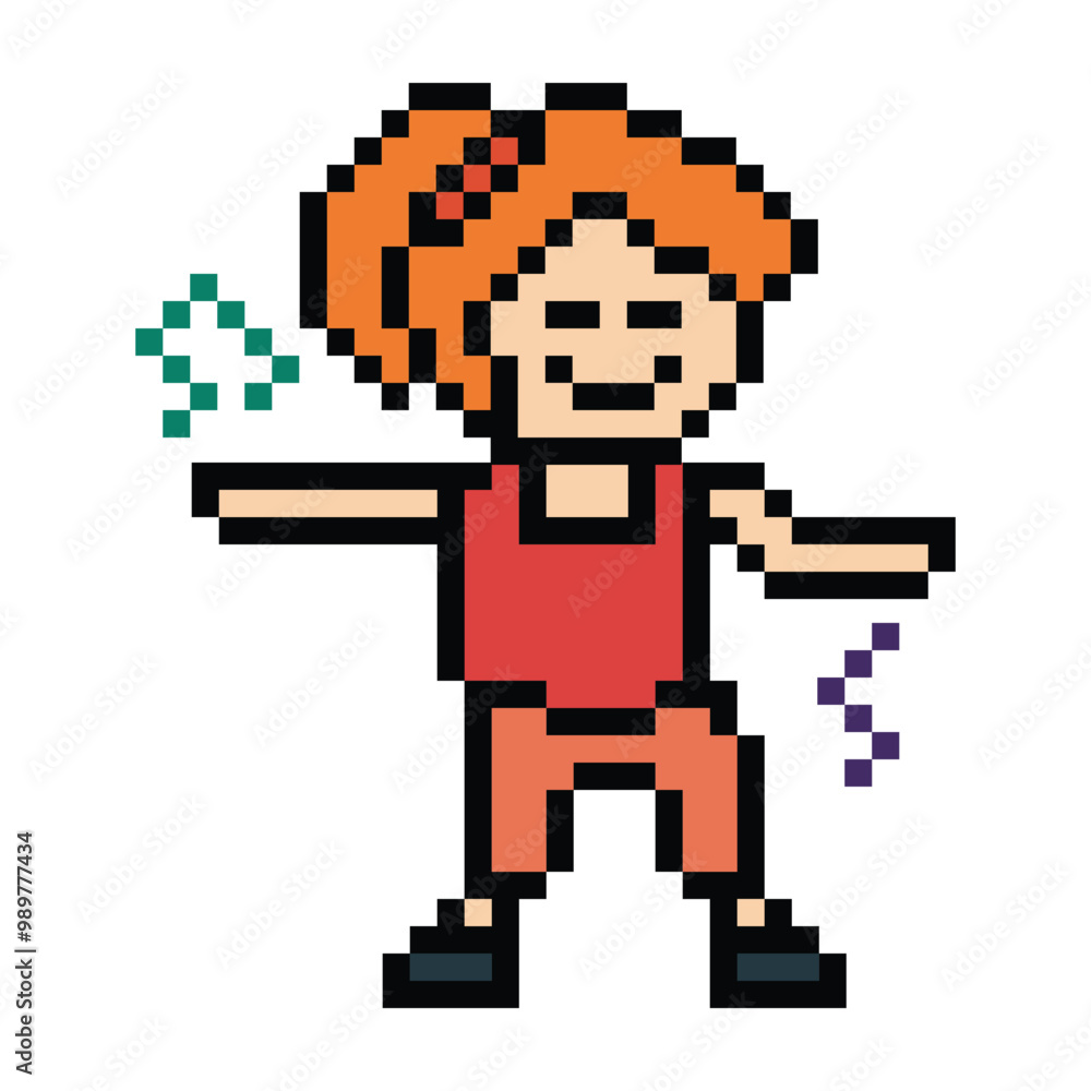 Cartoon cute pixel 8bit character woman exercises training dance lifestyle music decoration life style 8 bit female girl dance with music game fitness isolated PNG vector.