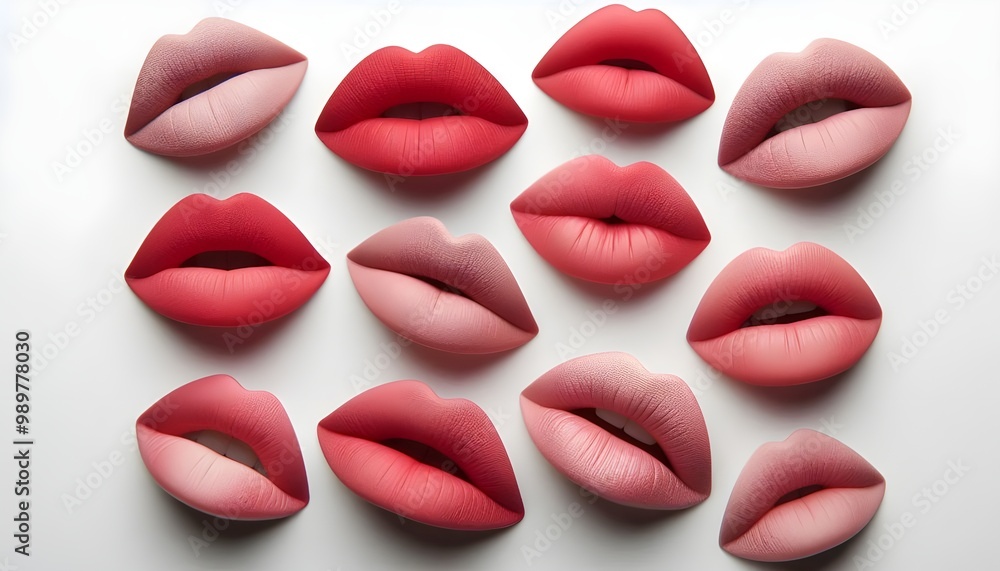 Assorted Lipstick Shades on Artistic Lips Pattern Design. Varying hues of lipsticks displayed on stylized lips, forming an attractive and colorful pattern. Assorted Lipstick Shades on Artistic Lips Pattern Design. Varying hues of lipsticks displayed on stylized lips, forming an attractive and colorful pattern.