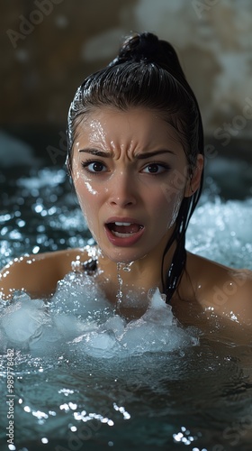 Close-up of a woman's face entering very cold water with ice cubes. Woman screaming from the cold in cryotherapy inside an ice pool.