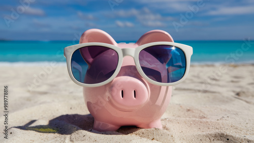 Piggy Bank with Sunglasses on the Beach with Copy-Space