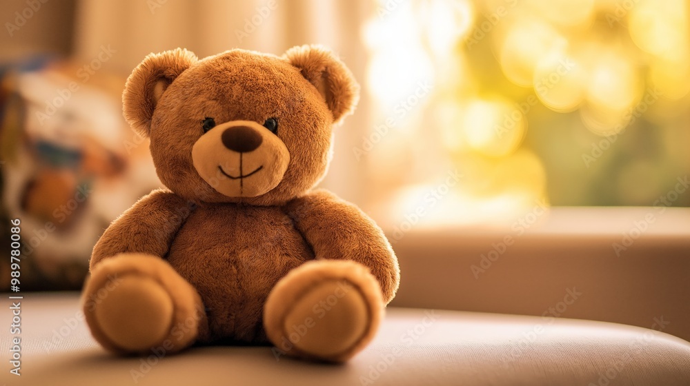 Soft teddy bear toy sitting against blank background, inviting warmth comfort, copy space. AI generated Soft teddy bear toy sitting against blank background, inviting warmth comfort, copy space. AI generated