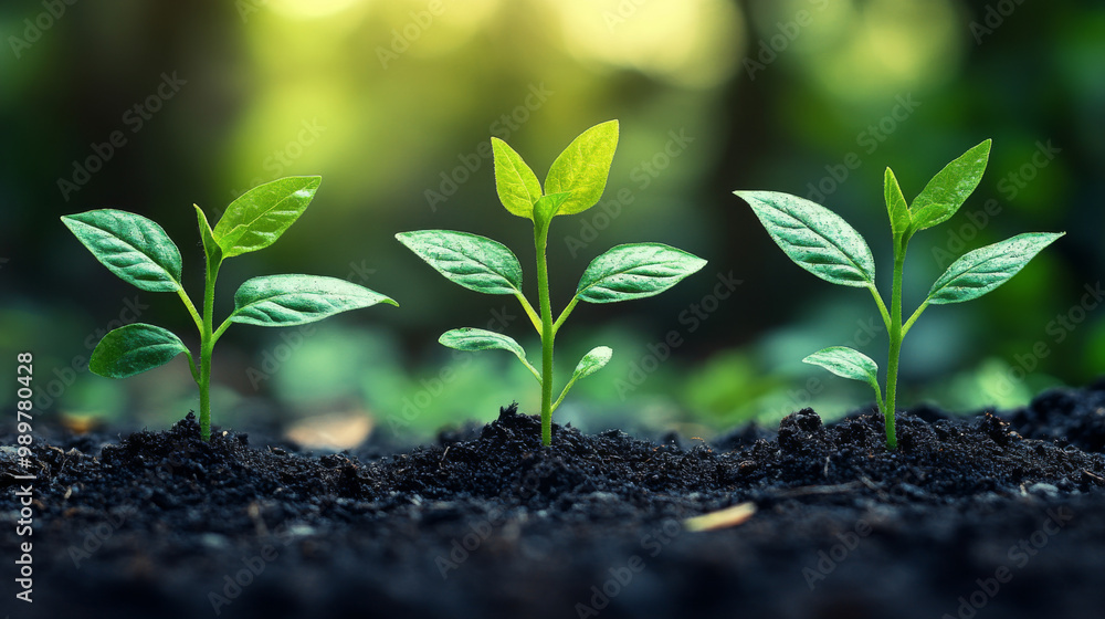 Three small green seedlings sprout from rich soil. Three small green seedlings sprout from rich soil.