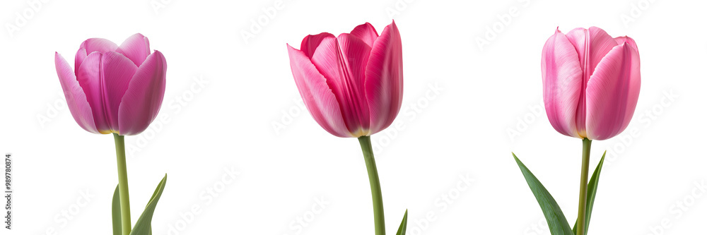 A vibrant pink tulip in full bloom with smooth petals and a slender green stem, isolated on a transparent background A vibrant pink tulip in full bloom with smooth petals and a slender green stem, isolated on a transparent background