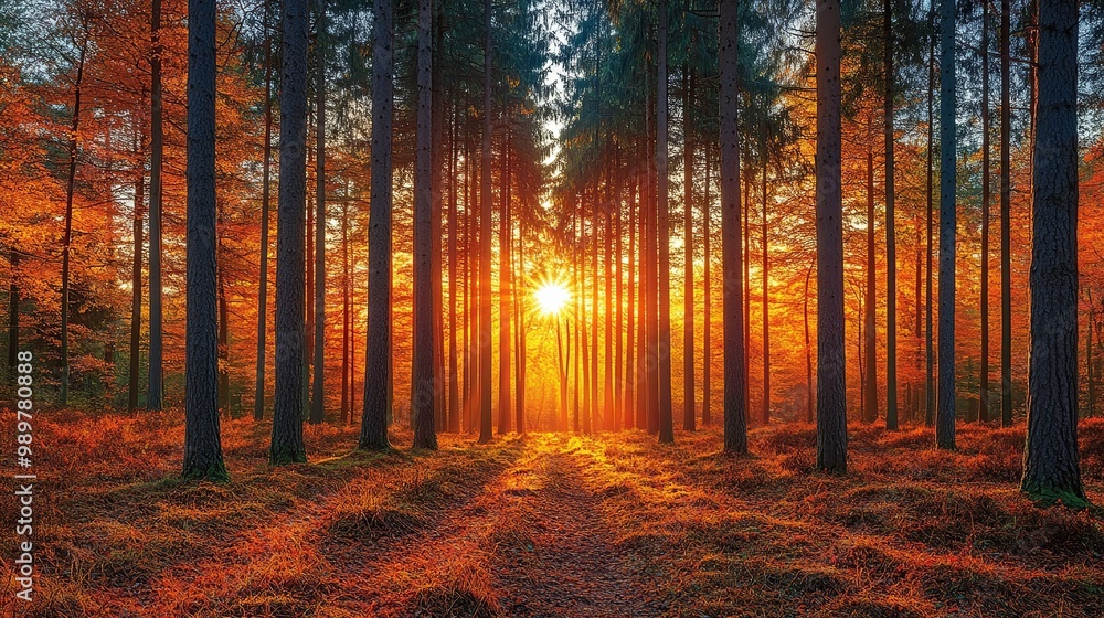Fototapeta premium Golden rays of sunlight pierce through the dense canopy of a forest, illuminating the path ahead with an ethereal glow.