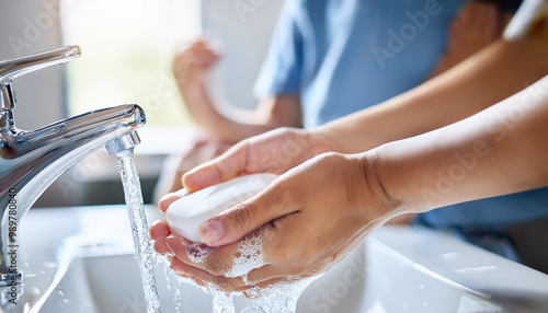 Wash hands.Hygiene concept Wash your hands with soap in the sink.Cover for virus protection.
 photo