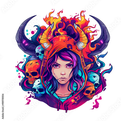 A woman with horns and fire flames, surrounded by skulls, in a dark, abstract background. photo