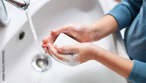 Wash hands.Hygiene concept Wash your hands with soap in the sink.Cover for virus protection.
 photo