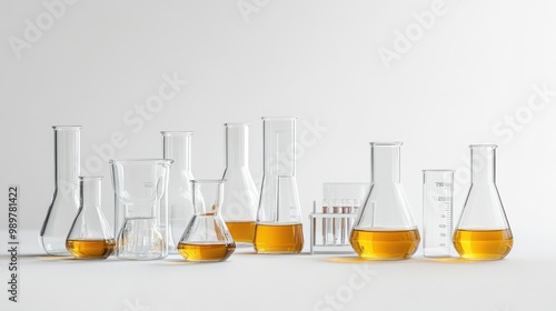 Laboratory glassware with yellow liquid and test tubes