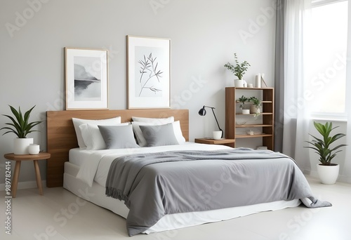 A modern bedroom with a wooden bed frame, gray and white bedding, and minimalist wall decor. The room has a neutral color palette and clean, simple design 