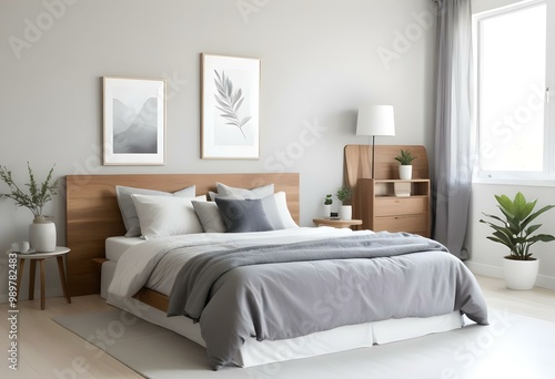 A modern bedroom with a wooden bed frame, gray and white bedding, and minimalist wall decor. The room has a neutral color palette and clean, simple design 