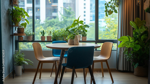 A round dining table with chairs and houseplants creates a cozy and inviting dining space, combining functional seating with natural greenery for a fresh and stylish ambiance.