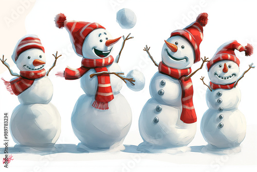 Snowman in a Snowball Fight with Other Snowmen, Smiling, Red Scarf and Hat, White Background, Cartoon Style