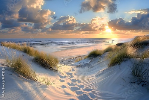 Sunset over dunes at the Baltic Sea in Poland.