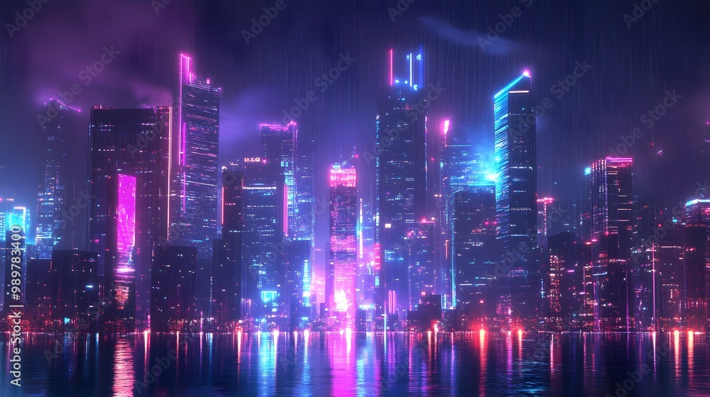 Fototapeta premium 2. A futuristic city skyline with glowing neon lights
