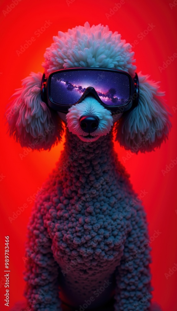A playful poodle wearing virtual reality glasses against a vibrant red backdrop, showcasing the fusion of technology and pet culture in a fun, modern style. A playful poodle wearing virtual reality glasses against a vibrant red backdrop, showcasing the fusion of technology and pet culture in a fun, modern style.