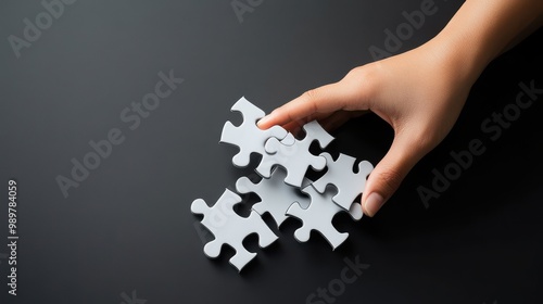 Hand Holding White Puzzle Pieces on Black Background