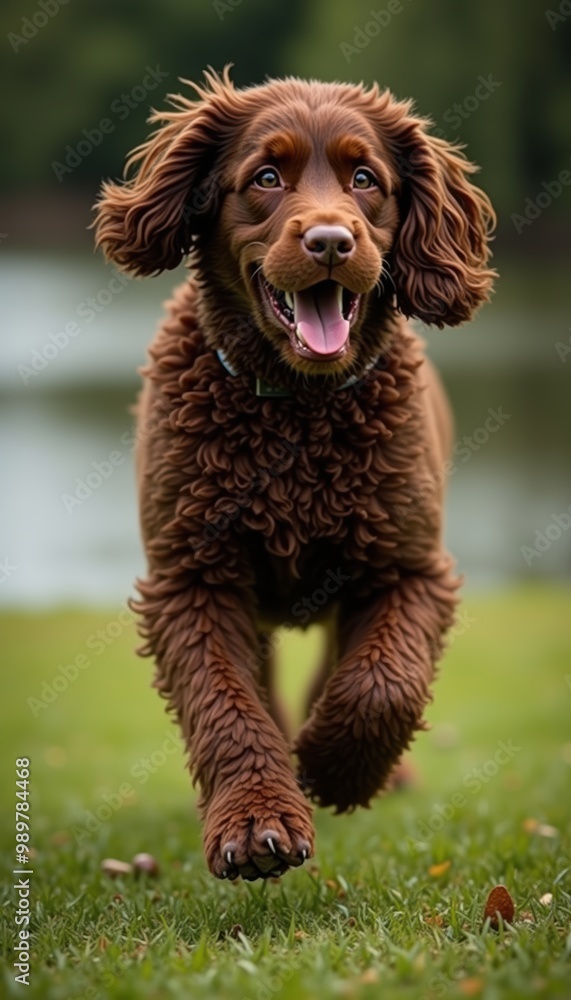 Fototapeta premium A joyful brown dog runs energetically across a grassy field by the water, capturing the essence of happiness and playfulness in a natural setting.