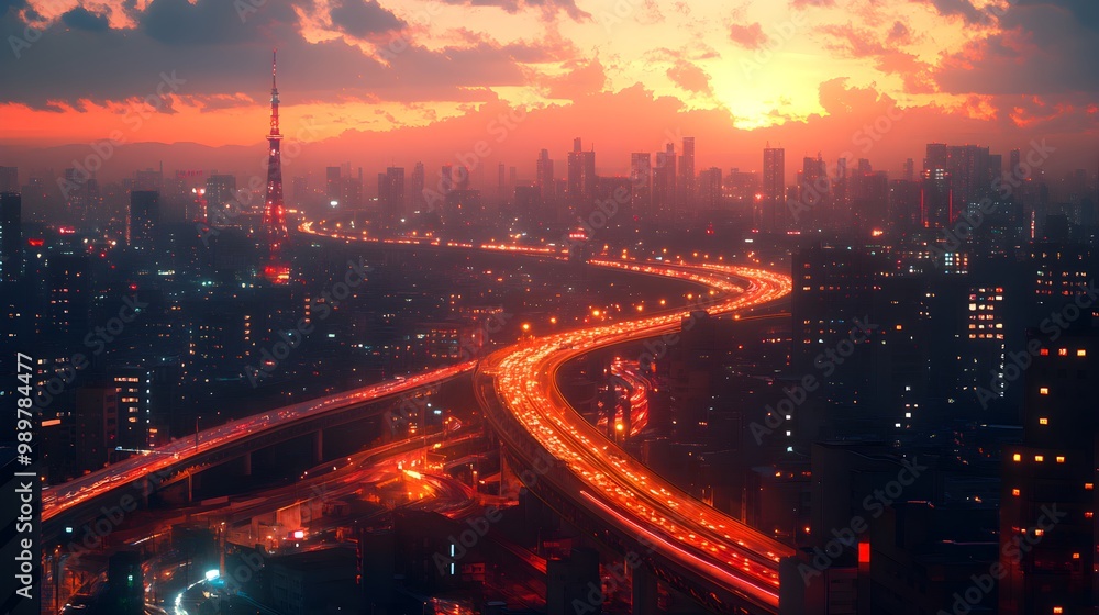 Nighttime cityscape with glowing bridges and a busy highway weaving through Nighttime cityscape with glowing bridges and a busy highway weaving through