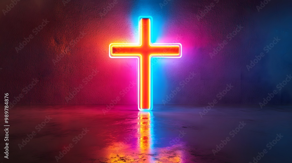 12. A luminous neon cross, glowing in bright colors, with a soft halo effect around it 12. A luminous neon cross, glowing in bright colors, with a soft halo effect around it