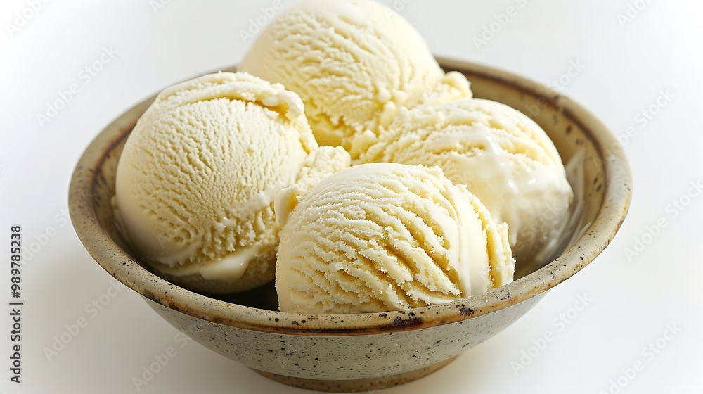 Scoops of vanilla ice cream in a bowl on a white background Scoops of vanilla ice cream in a bowl on a white background