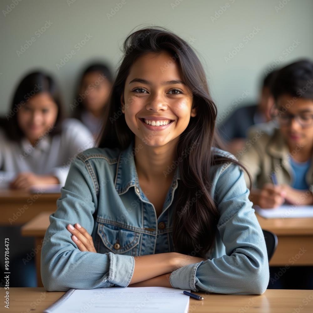 A confident young student smiling in a classroom setting, embodying positivity and engagement during a school examination. A confident young student smiling in a classroom setting, embodying positivity and engagement during a school examination.