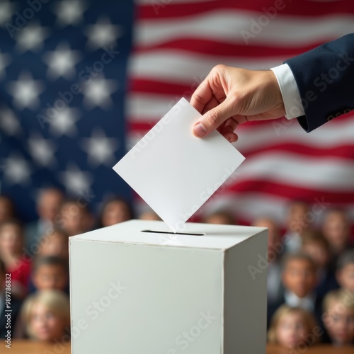 A close-up of a hand casting a ballot into a box, set against an American flag backdrop, symbolizing democracy, voting, and civic duty. photo