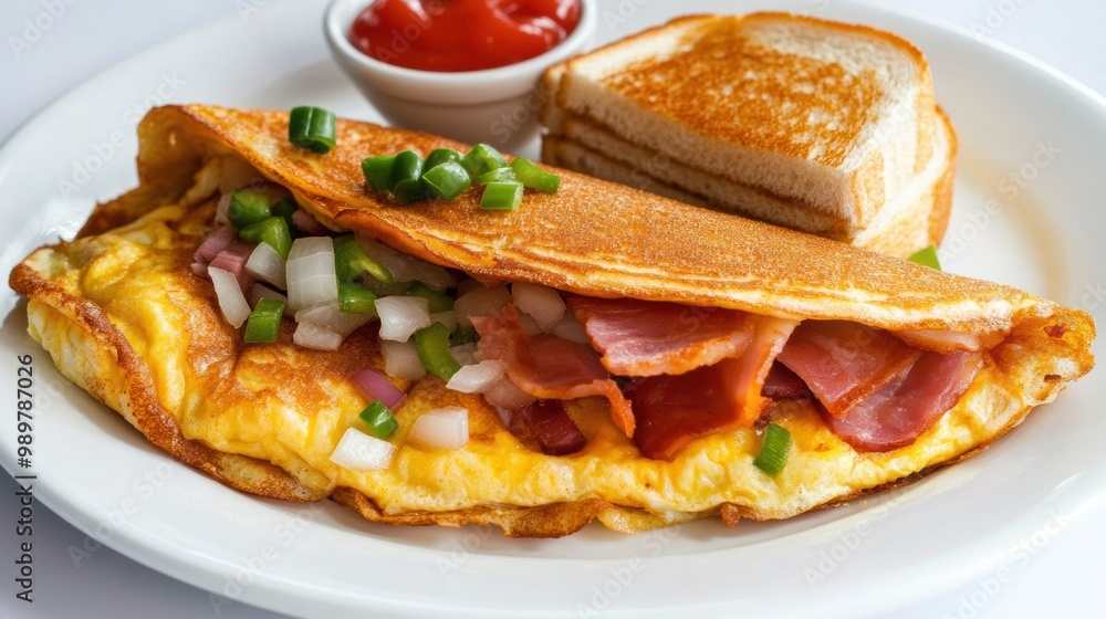 Delicious Breakfast Omelette with Toast and Ketchup Delicious Breakfast Omelette with Toast and Ketchup