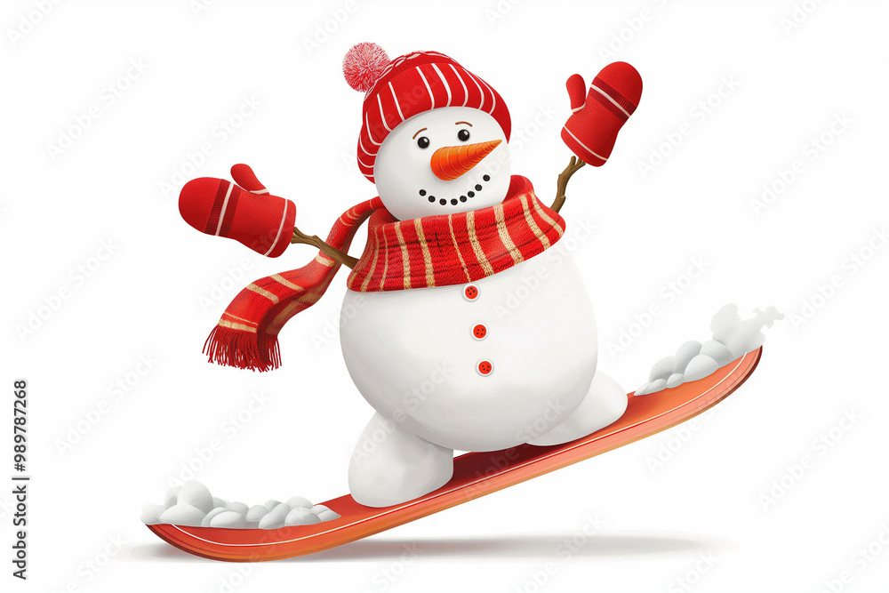 Snowman Snowboarding in a Cool Pose, Red Scarf and Hat, White Background, Cartoon Style Snowman Snowboarding in a Cool Pose, Red Scarf and Hat, White Background, Cartoon Style
