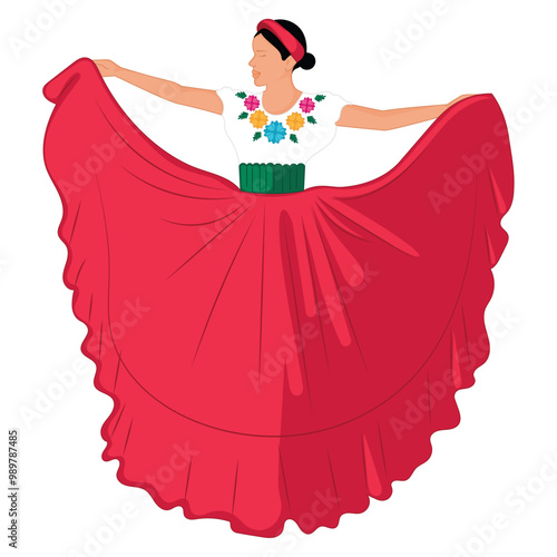 Mexican woman in red folkloric dress dancing, Vector