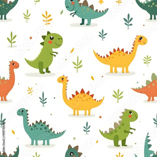 seamless pattern with Cute baby dinosaur character. Generative ai