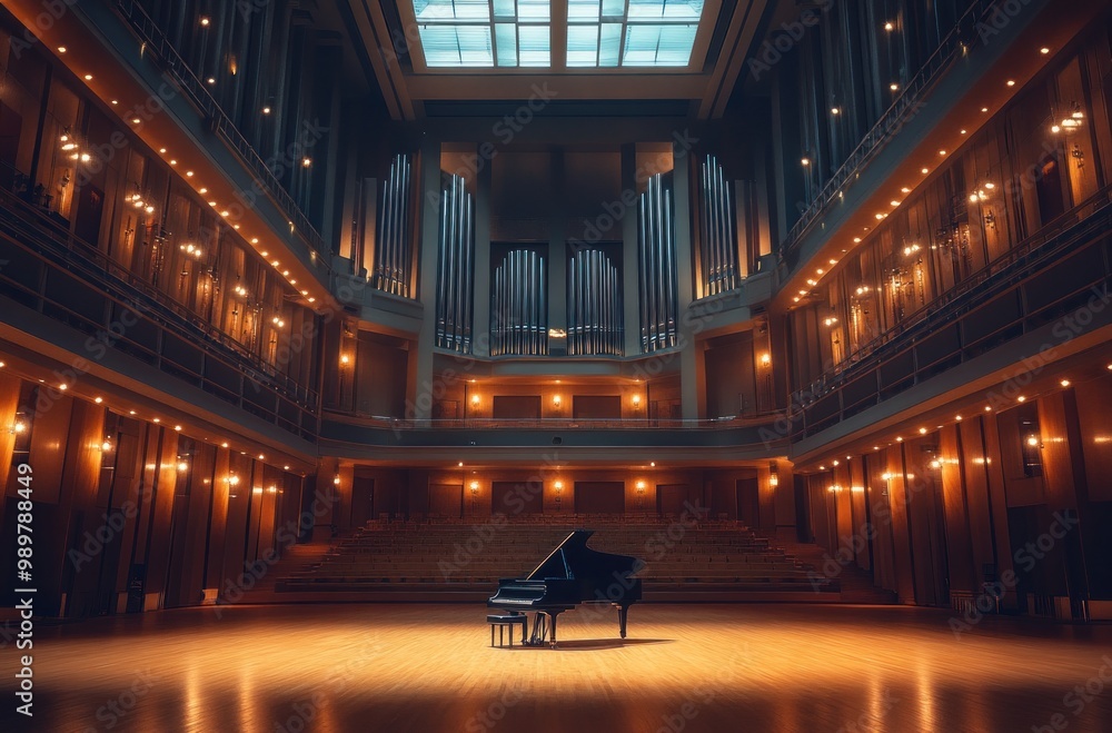 A solitary grand piano stands in the middle of a grand concert hall, bathed in warm light A solitary grand piano stands in the middle of a grand concert hall, bathed in warm light
