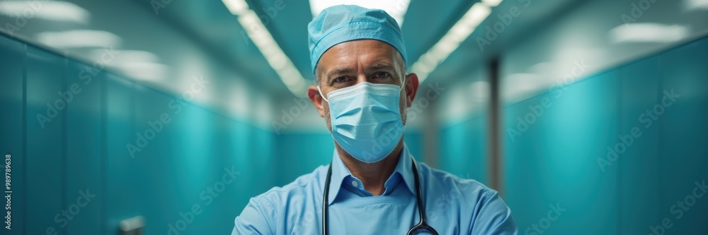 A confident surgeon in scrubs standing in a bright hospital corridor, ready to provide top-notch medical care. A confident surgeon in scrubs standing in a bright hospital corridor, ready to provide top-notch medical care.