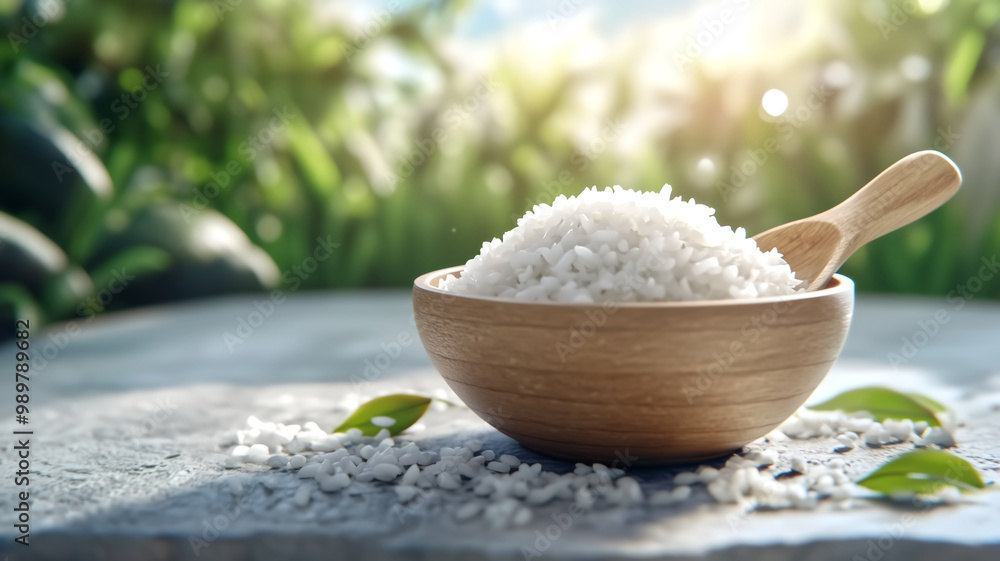 Fresh White Rice in Wooden Bowl with Spoon on Stone Surface Outdoors in Sunlight Fresh White Rice in Wooden Bowl with Spoon on Stone Surface Outdoors in Sunlight